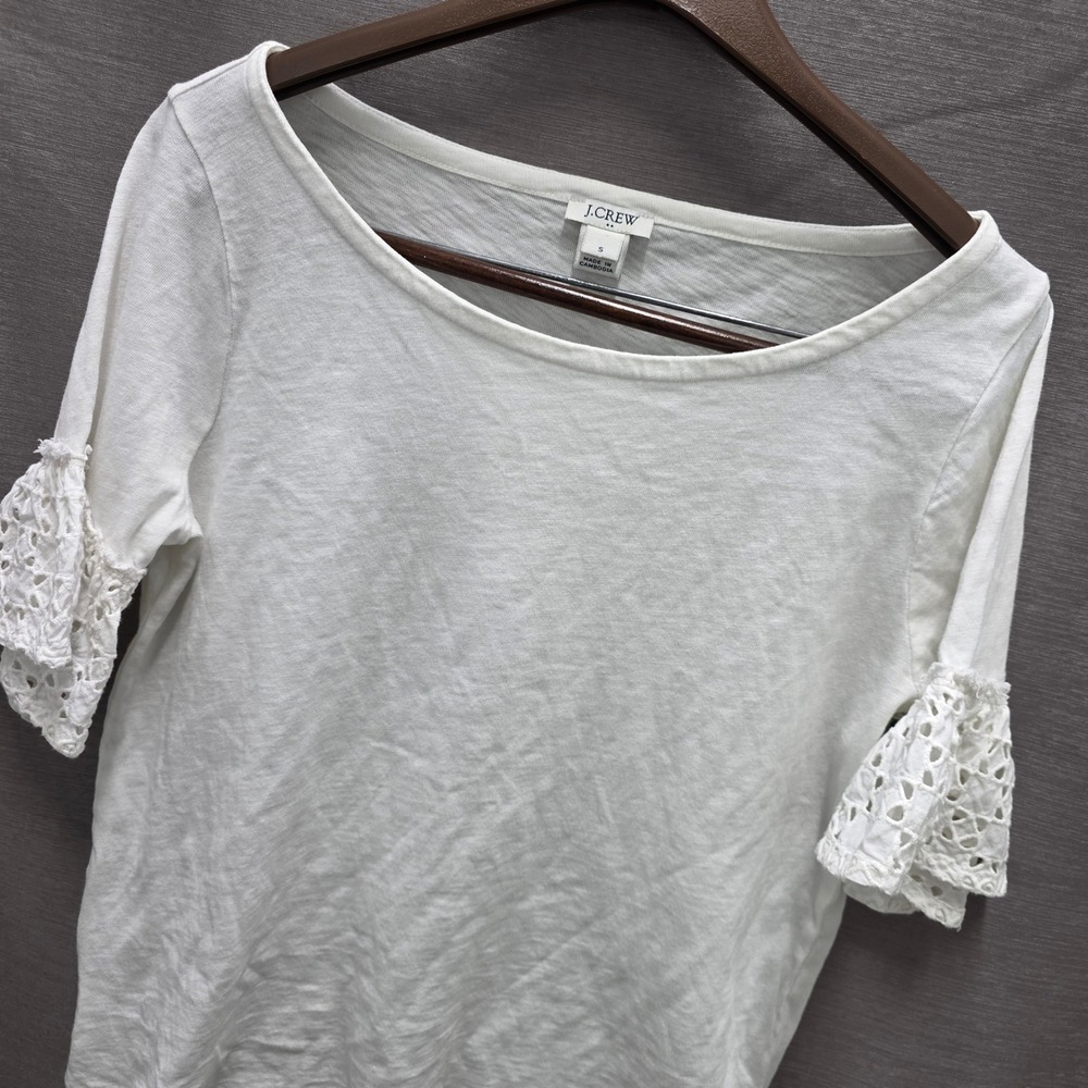 J.Crew White‎ Cotton Slub Eyelet Lace Bell Sleeve Top H6022 Womens Small